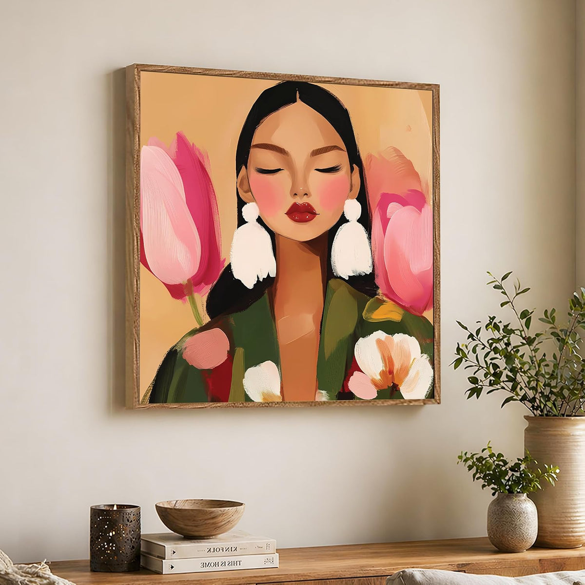 Botanical Woman Portrait Framed Painting For Living Room | Modern Floral Abstract Large Canvas Painting With Frame Wall Art For Bedroom, Hallway's, Office, Hotel, Size 58x58 cm