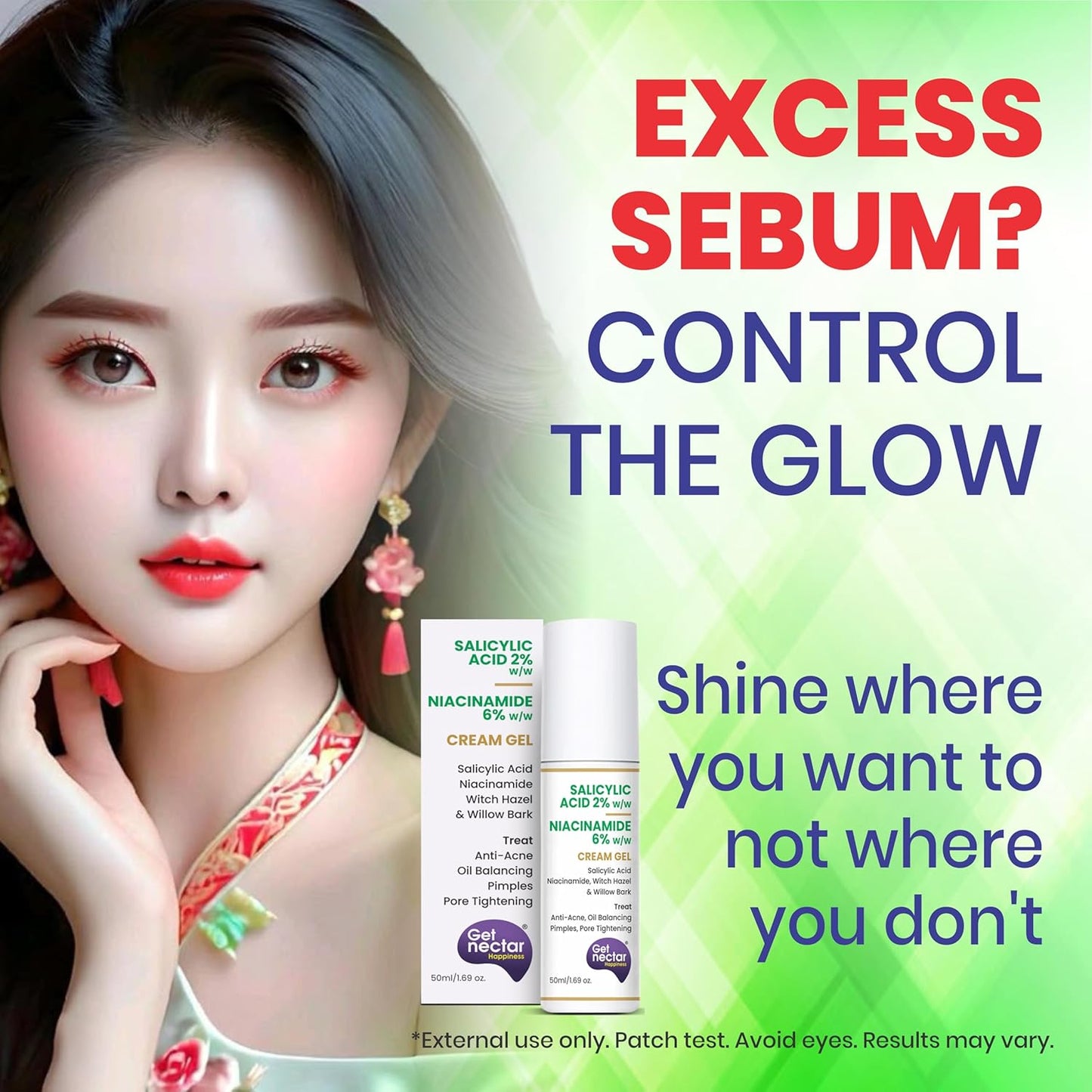 Advertisement for skincare products with a woman's face and text about controlling sebum.