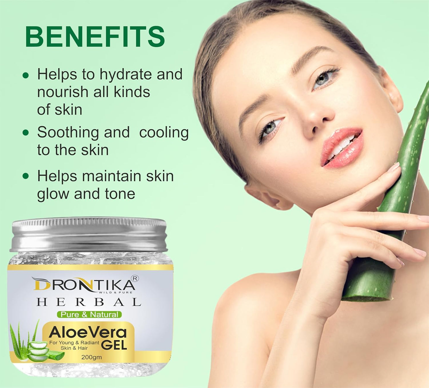 Drontika Herbal Aloe Vera Gel with a woman holding an aloe vera leaf on a green background