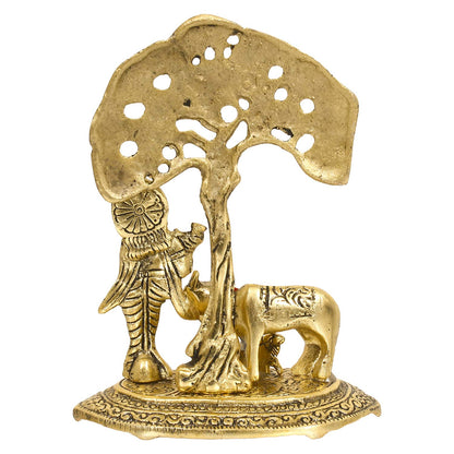 Golden Lord Krishna Idol Playing Flute Under Tree with Cow and Calf Decorative Showpiece for Home Decor Pooja Room Temple & Gift Purpose