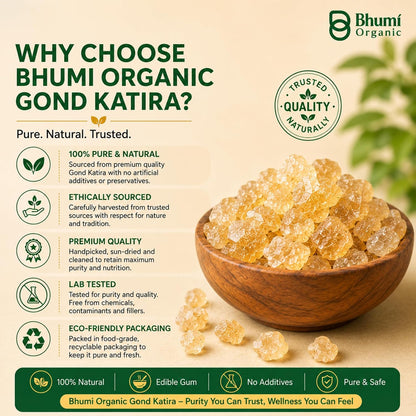 Bhumi Organic Gond Katira (Tragacanth Gum) | Natural Edible Gum for Summer Drinks, Body Cooling Ayurvedic Superfood, Gluten-Free
