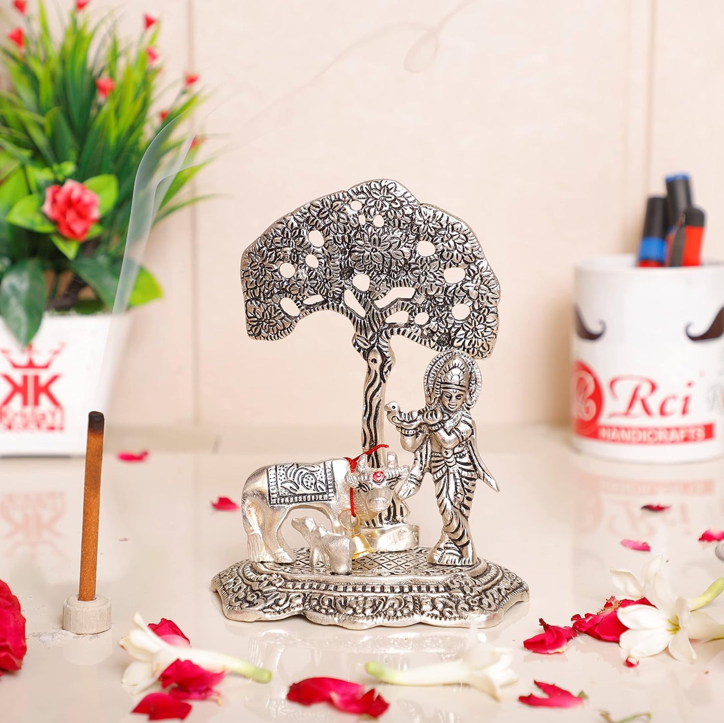 KridayKraft Silver Plated Kamdhenu Cow with Krishna Standing Under Tree Plying Flute Metal Statue,Krishna Murti Idol for Pooja & Decor Your Home,Office,Showpiece