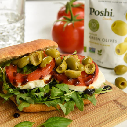 Poshi Green Olives On-The-Go - Single Serve Pitted Olives - Convenient and Healthy Snack Packs - All Natural, Non-GMO, Kosher, Gluten-Free - 1.1 Oz