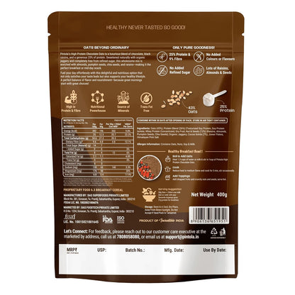 PINTOLA 25g High Protein Oats 400g, Dark Chocolate,No Refined Sugar, with Almonds Raisin, Pumpkin and Chia Seeds, 8g Fibre, Rolled Oats for weight loss, Breakfast Cereals | Gluten Free
