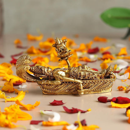 Brass Lord Vishnu Ji Laying on Sheshnaag | Handcrafted Vishnu Murti for Home Temple & Pooja Room (Design01: L8 x W3 x H4 cm)