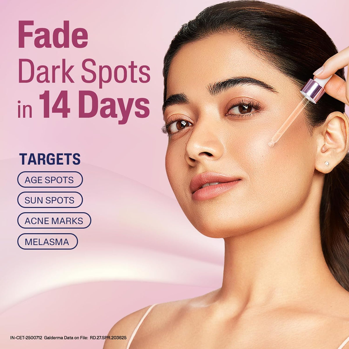Woman applying skincare product with text about dark spot removal on a pink background