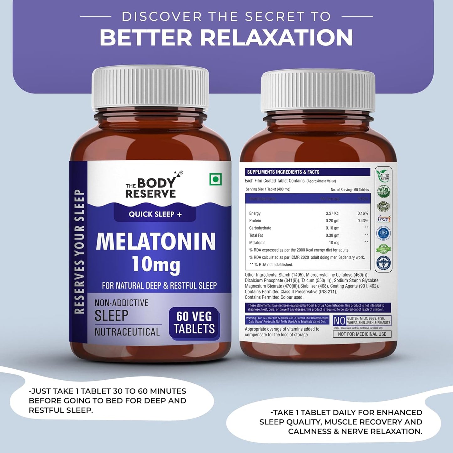 Two bottles of The Body Reserve Melatonin 10mg supplement on a light blue background with promotional text.