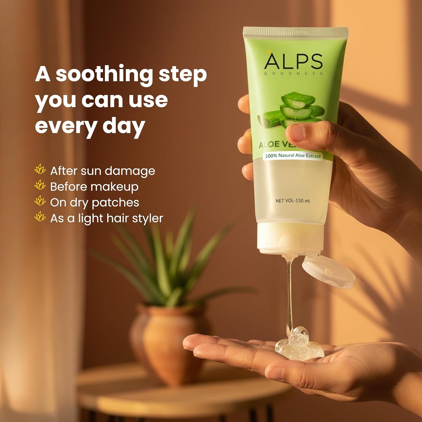 Alps Goodness Aloe Vera Gel, 150ml | 100% Natural Aloe Extract | Hydrating Cooling & Soothing Gel for Face, Hair & Body | Helps Calm Sunburn, Razor Burns & Dryness | Lightweight | Paraben-Free