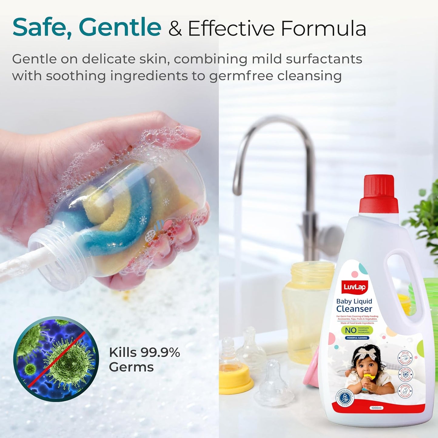 LuvLap Baby Liquid Cleanser 1000ml, For cleaning feeding bottle, cutlery, toys, fruits & vegetables, Kills 99.9% Germs, pH Balanced Dermatologically tested formula, No harsh chemicals, Bio-degradable