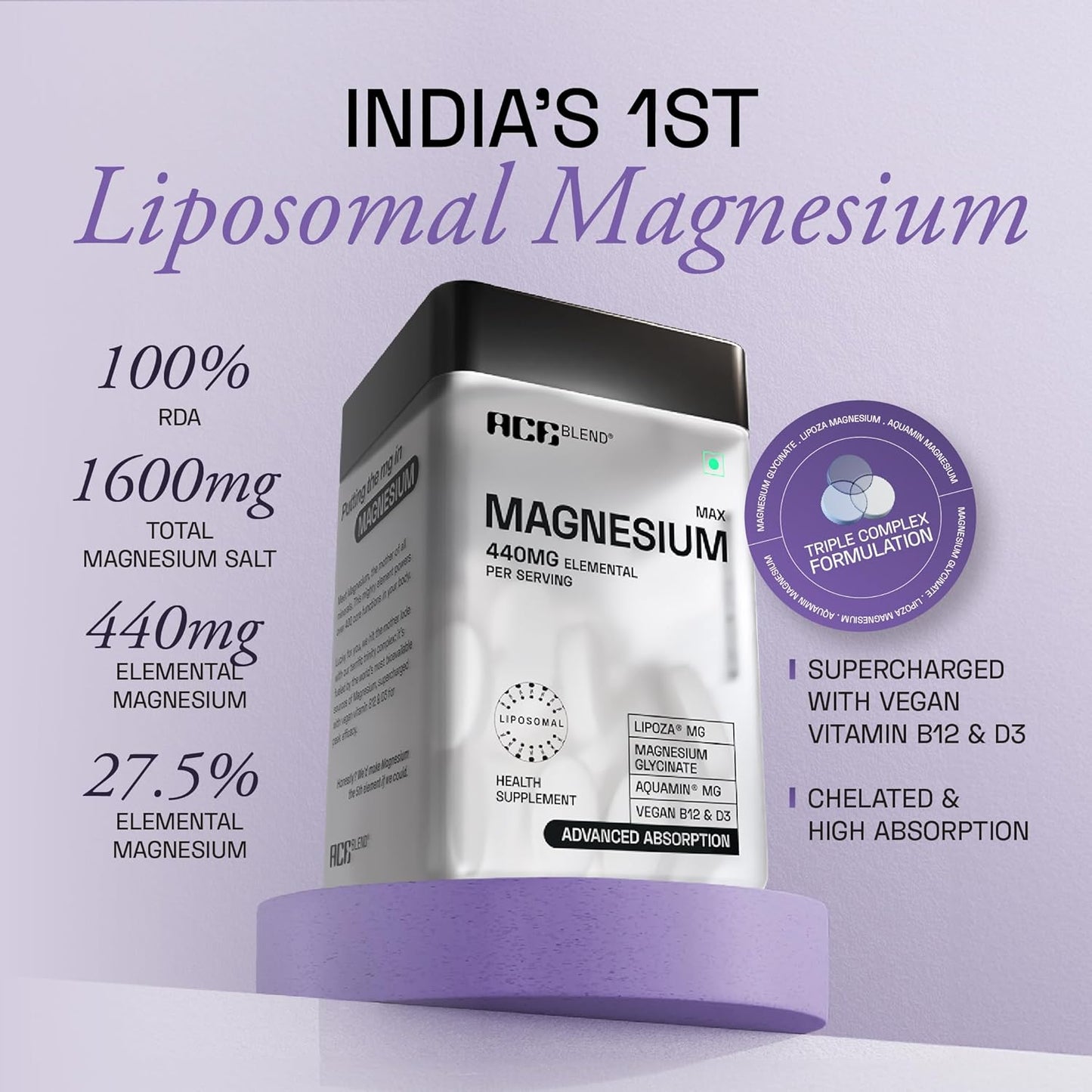 Ace Blend Max Magnesium Glycinate (60 tablets) | 1600mg Triple Complex | 440mg Elemental Magnesium | Calcium, Vegan Vitamin B12 & D3 | Promotes Deep Sleep, Muscle Recovery & Heart Health