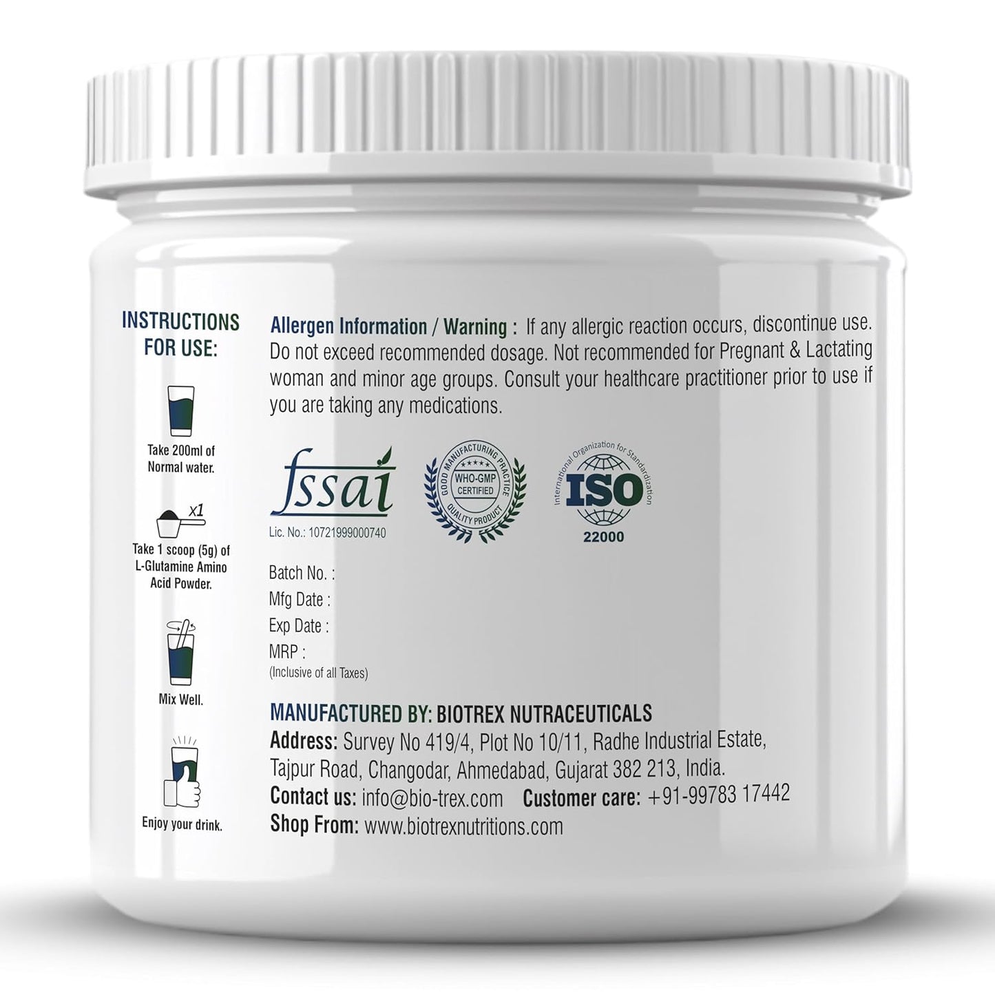 Biotrex Nutraceuticals L Glutamine Amino Acid Powder 5000mg Per Serving | Preworkout & Muscle Growth | Immune & Gut Health | Enhances Endurance | Unflavoured - 250Gram (50 Serving)