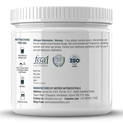 Biotrex Nutraceuticals L Glutamine Amino Acid Powder 5000mg Per Serving | Preworkout & Muscle Growth | Immune & Gut Health | Enhances Endurance | Unflavoured - 250Gram (50 Serving)