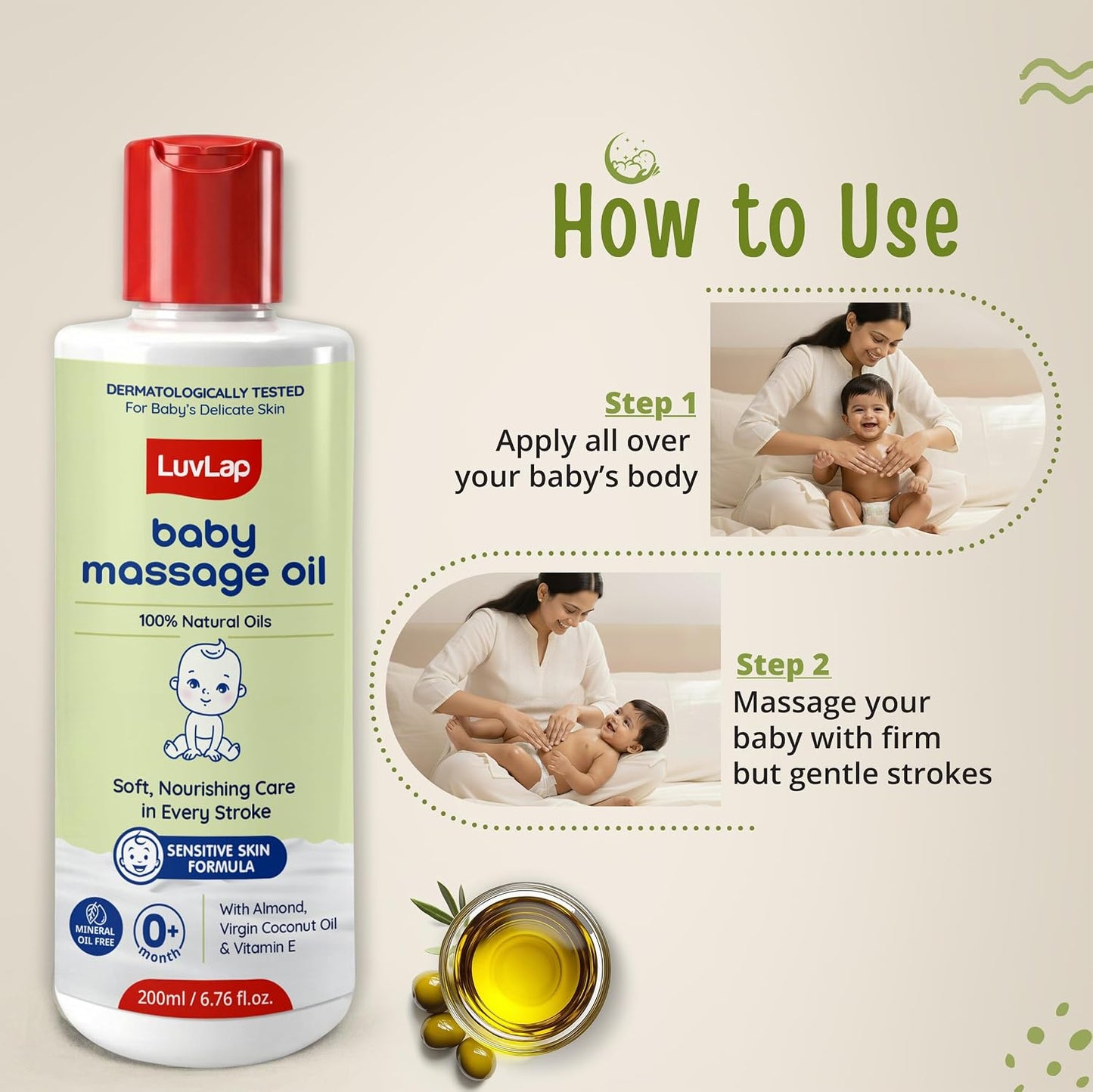 LuvLap Baby Massage Oil with Almond, Virgin Coconut Oil & Vitamin E, Deep Nourishing, Skin Repair & Relaxation, Ayurvedic Non-Sticky Oil for Soft New Born Skin, 100% Natural, Derma Safe, 200ml