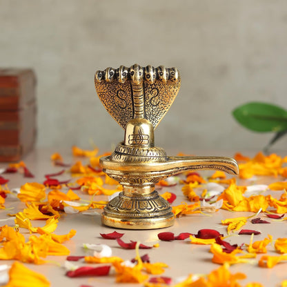 Brass Shivling Idol | Handcrafted Servdharm Shivling for Home Temple & Pooja Room (Design06: L7 x W4 x H8 cm)