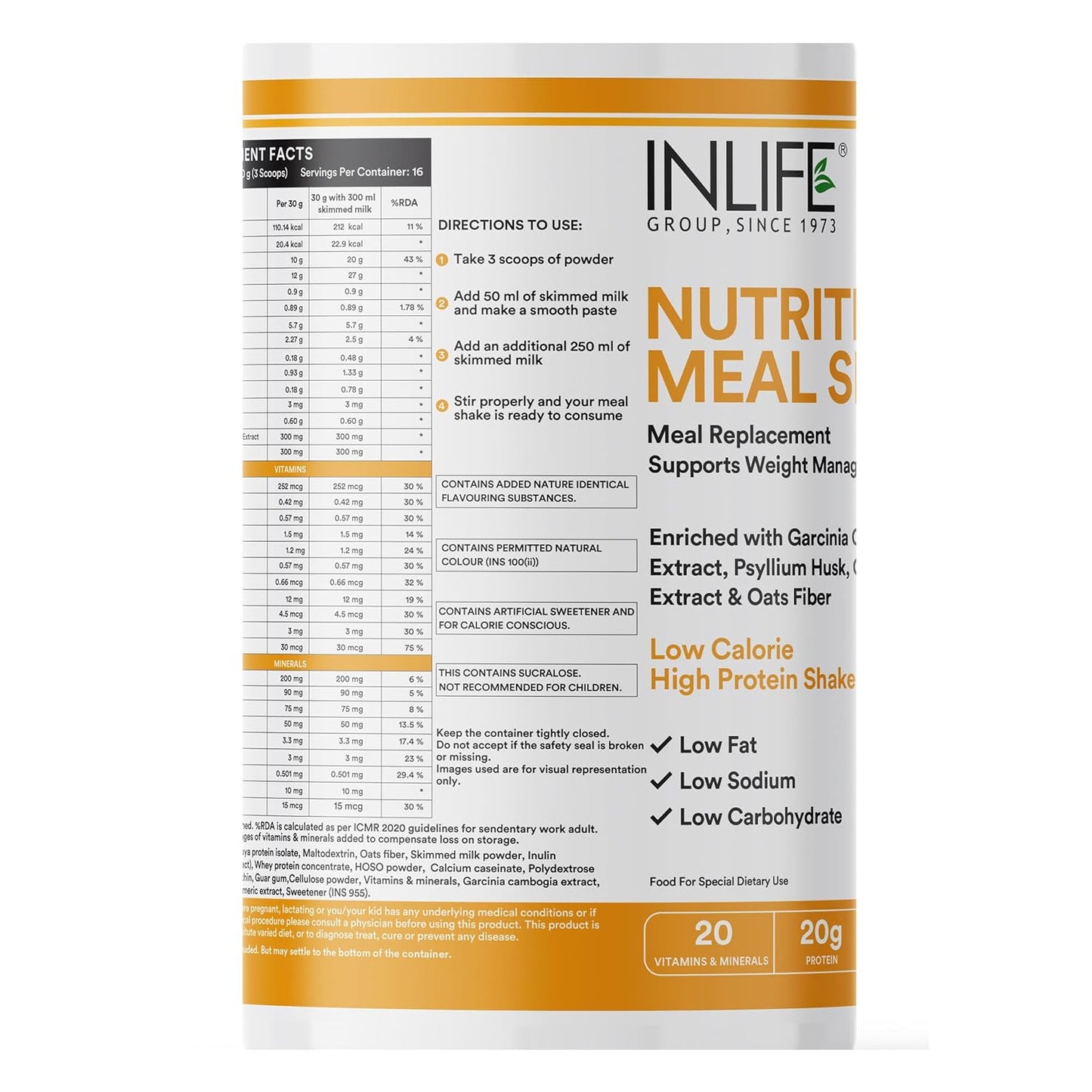 INLIFE Meal Replacement Shake | Nutritional Meal Protein Shake | Sugar Free, 20g Protein, 5g Fiber, 207 Calories, 500g (Mango)