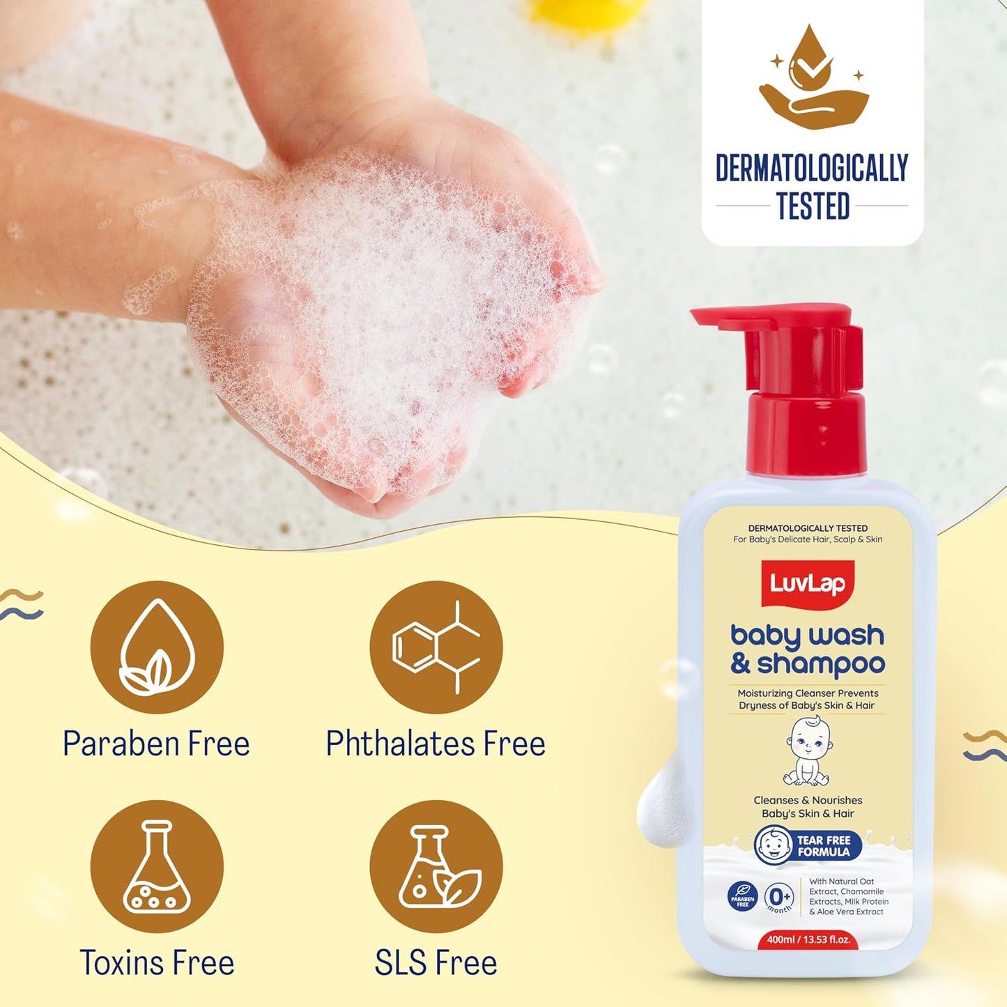 LuvLap Baby Wash & Shampoo -400ml, Milky Soft Head to Toe Wash With Oatmeal & Shea Butter, Paraben Free, Tear Free, Rich Moisturised Skin & Soft Hair, 2 in 1 Baby Body Wash, Dermatologically Tested