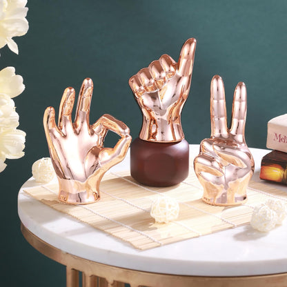Set of 3 Hand Sign Gesture Showpiece Statue Collectible Figurines (Ceramic, Copper) for Home Decor Living Room Bedroom Wall Shelf Office Table Top Decoration Gifting Items, Religious