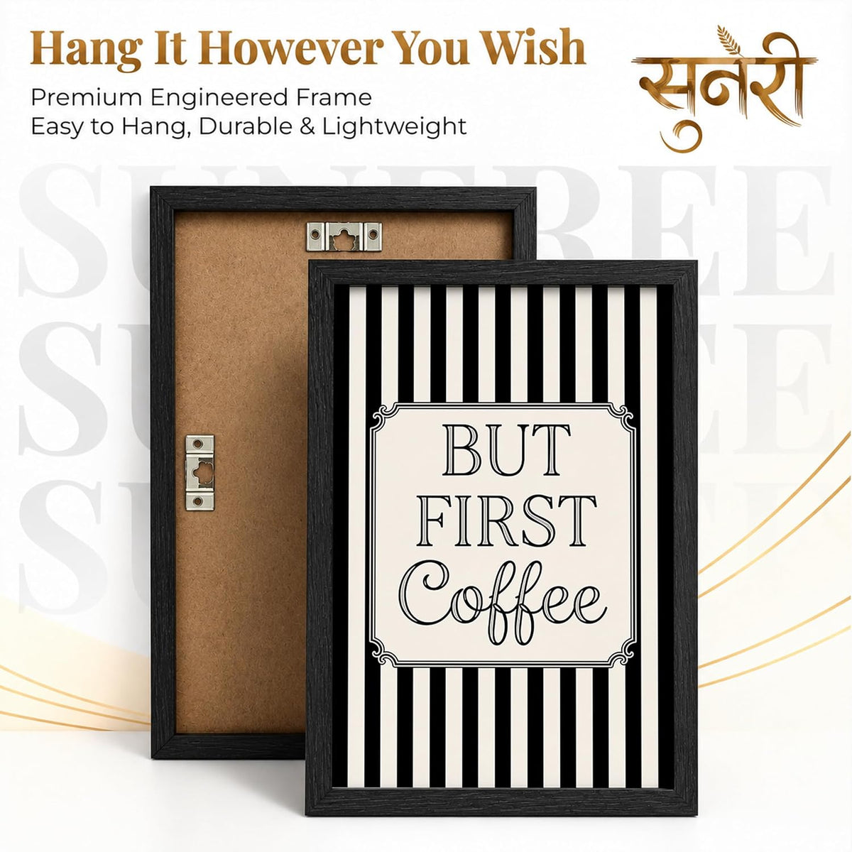 But First Coffee Wall Art Set of 2 Framed Paintings | Black White Striped Coffee Poster Kitchen Café Décor | Home Office Wall Décor (Art 20, 10x13 Inches, Black)