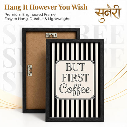 But First Coffee Wall Art Set of 2 Framed Paintings | Black White Striped Coffee Poster Kitchen Café Décor | Home Office Wall Décor (Art 20, 10x13 Inches, Black)