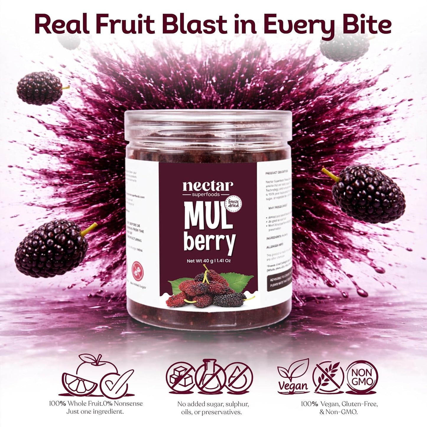 Nectar Superfoods Freeze Dried Mulberry - 40 grams Jar-Pack of 1 Nos | 100% Natural & Pure | No Preservatives, No Sugar Added, Vegan | Ideal for Cooking & Seasoning | Made in India