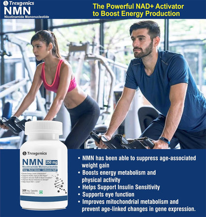 Two people exercising in a gym with a bottle of NMN supplement in the foreground.