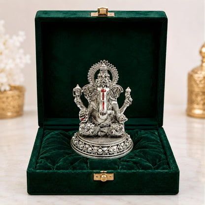 Dev Aastha Silver Plated Four-Armed Ganesh Idol - 3.5 Inch Divine Seated Ganpati Statue with Detailed Halo for Car Dashboard, Pooja Room and Mandir - Auspicious Vastu Home Decor and Spiritual Gift