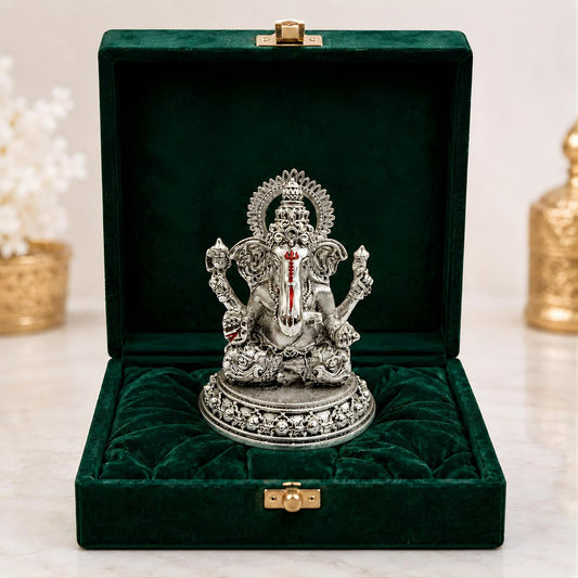 Dev Aastha Silver Plated Four-Armed Ganesh Idol - 3.5 Inch Divine Seated Ganpati Statue with Detailed Halo for Car Dashboard, Pooja Room and Mandir - Auspicious Vastu Home Decor and Spiritual Gift