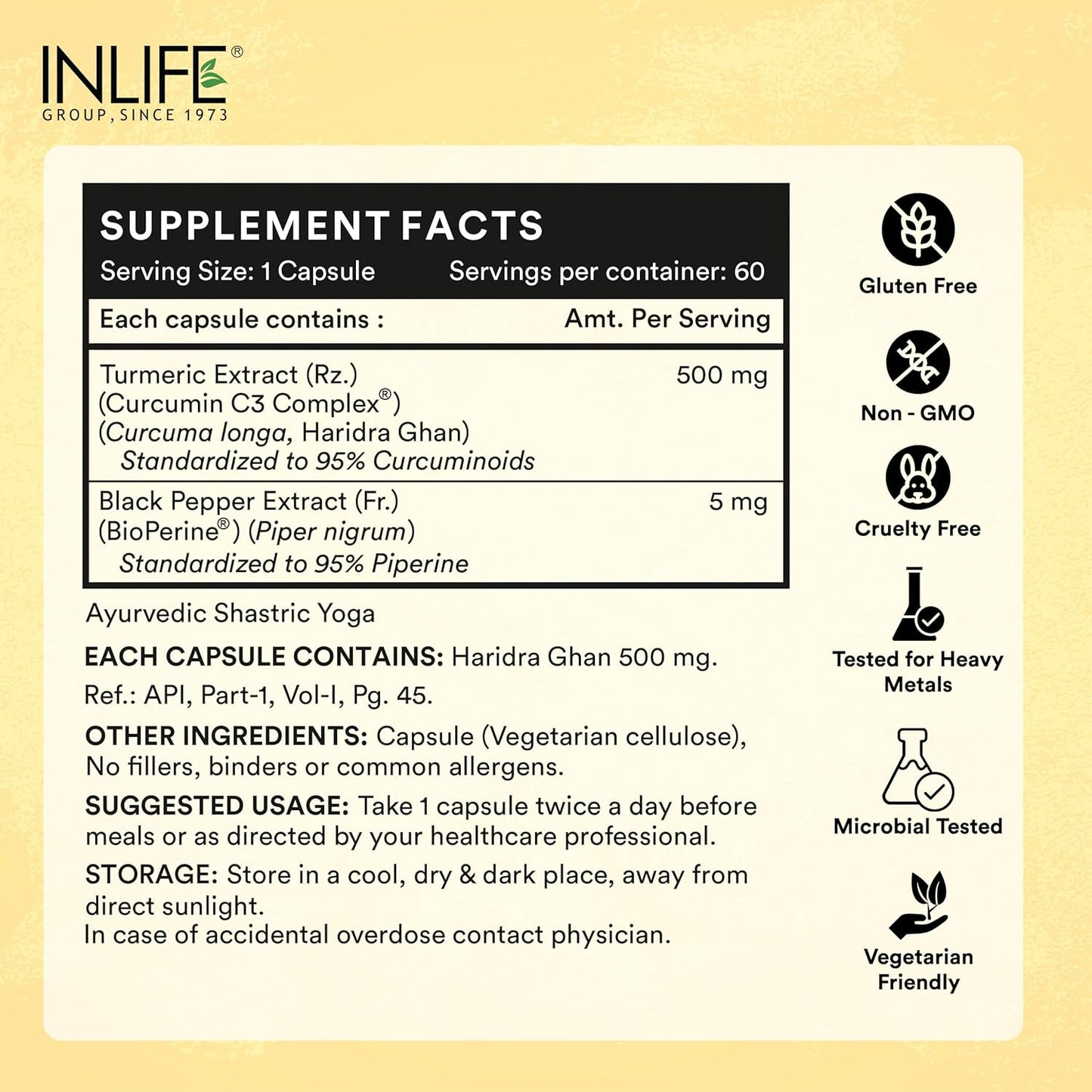 INLIFE Curcumin C3 Complex (95% Curcuminoids) 500 mg Turmeric with BioPerine (Piperine) Extract Supplement 5 mg - 60 Capsules (Pack of 1)