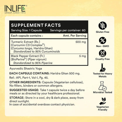 INLIFE Curcumin C3 Complex (95% Curcuminoids) 500 mg Turmeric with BioPerine (Piperine) Extract Supplement 5 mg - 60 Capsules (Pack of 1)