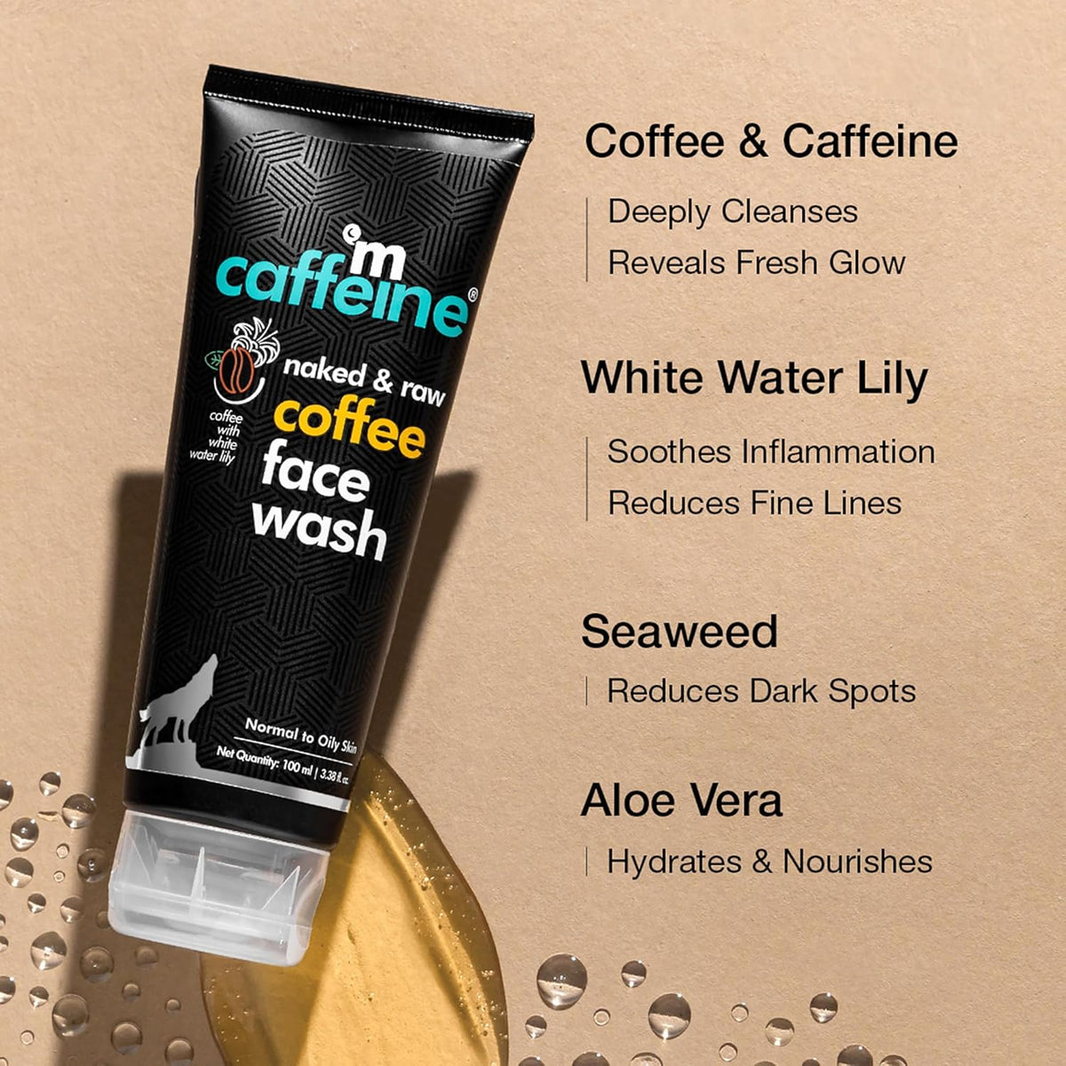 Tube of coffee face wash with benefits listed on a beige background