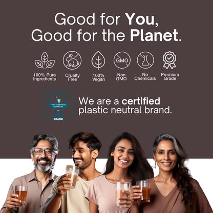 Group of people holding glasses with a dark brown background featuring certification logos and text.