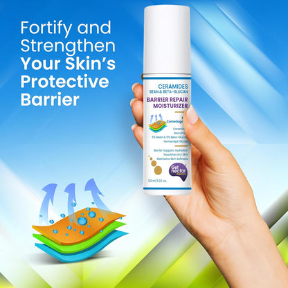 Hand holding a bottle of Cerave Barrier Repair Moisturizer with text about fortifying skin's protective barrier on a blue and green gradient background.
