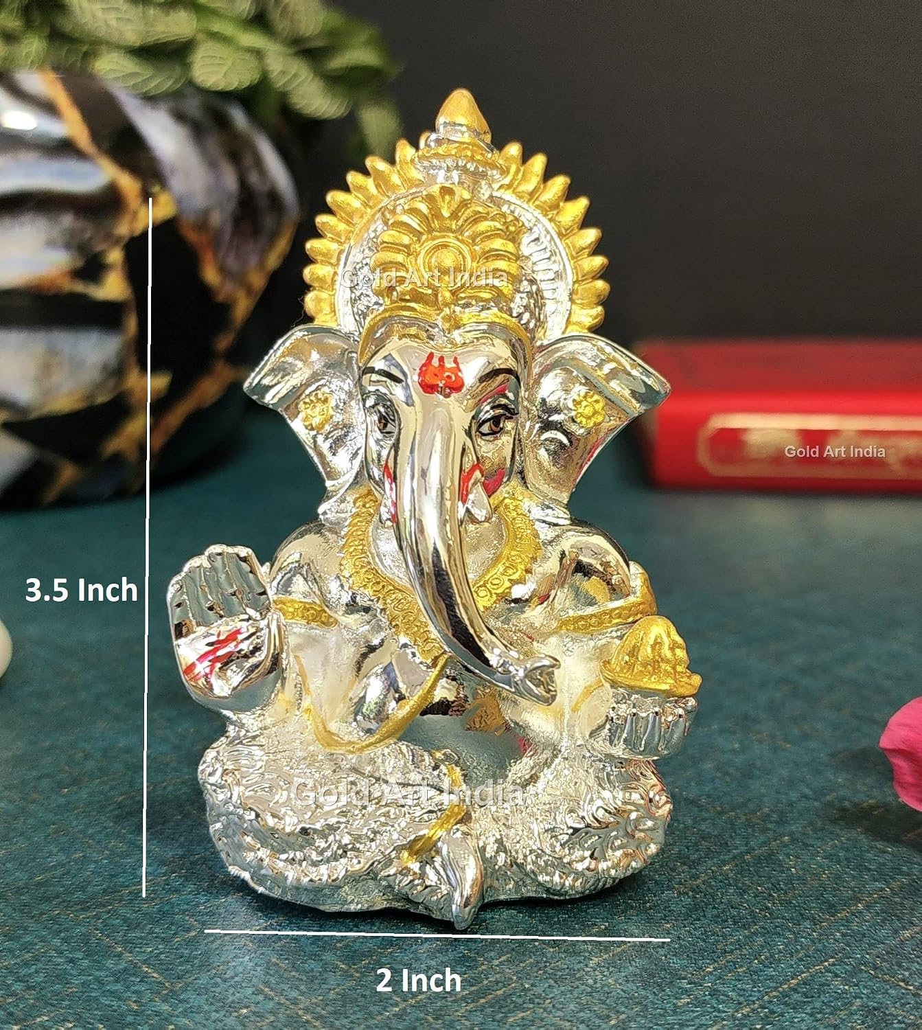 Gold Art India 999 Silver Plated Ganesha Idol for car Dashboard, Office & Home Shelves, Diwali Puja, and Gifting (3.5" x2 inches), Idol
