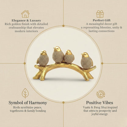 Golden Birds on Branch Showpiece for Home Decor – Resin Chirping Birds Figurine Statue for Living Room Shelf Table Decoration | Modern Decorative Bird Golden Showpiece (20.5 x 11.5 x 9 cm)
