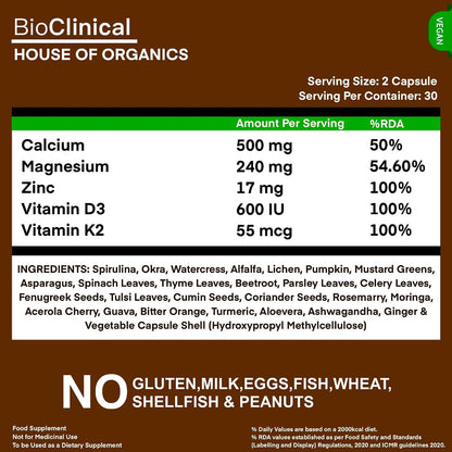 BioClinical 500mg Plant Calcium Magnesium Zinc Vitamin D3 + K2 for Joint Support & Bone Health -100% Plant Based Supplement -Made with Natural Ayurvedic Herbs & Plant Extracts - 60 Veg Capsules