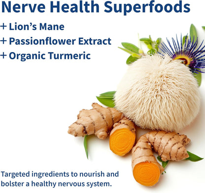 Superfoods for nerve health including Lion's Mane, Passionflower Extract, and Organic Turmeric on a white background.