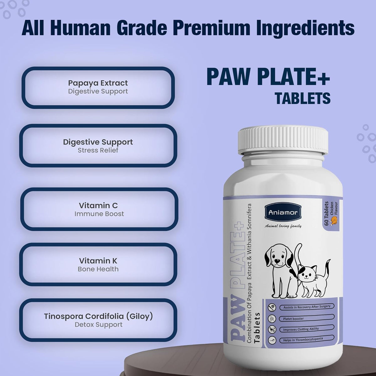 Aniamor Paw Plate + Tablet for Dogs and Cats|Platelet Enhancer Tablets|Pets Supplement|All Life Stage|60 Tablets Bottle