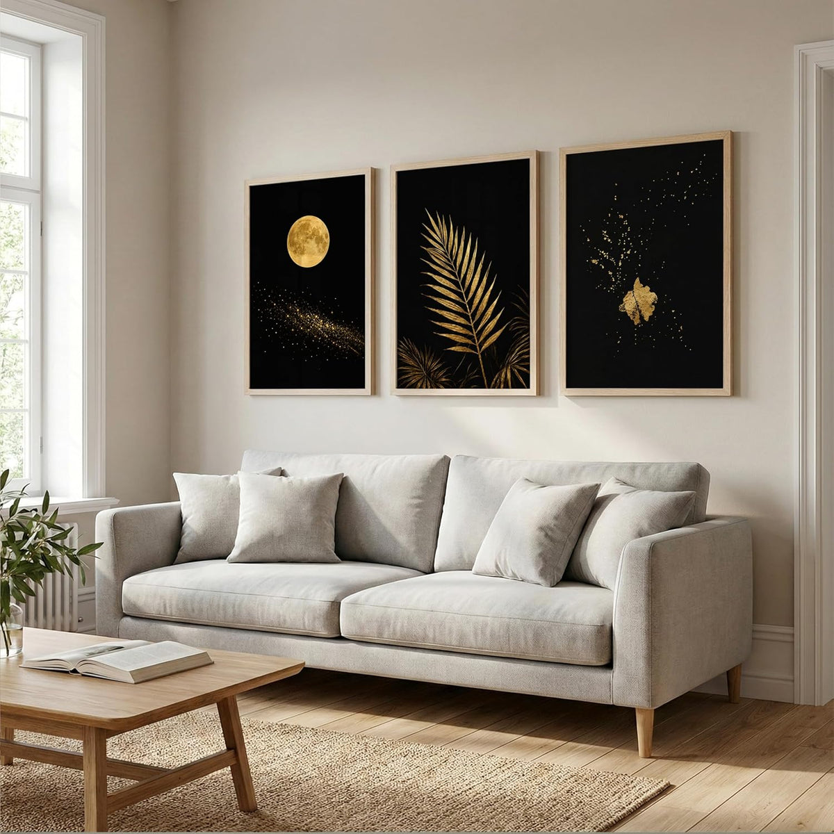 Set of 3 Moon & Golden Palm Leaf Wall Art Paintings for Living Room | Modern Luxury Black Gold Wall Decor | Framed Wall Paintings for Bedroom, Hall, Office & Home Decoration (13x19 Inches)