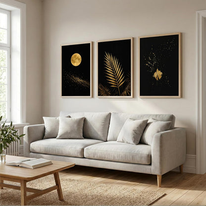 Set of 3 Moon & Golden Palm Leaf Wall Art Paintings for Living Room | Modern Luxury Black Gold Wall Decor | Framed Wall Paintings for Bedroom, Hall, Office & Home Decoration (13x19 Inches)