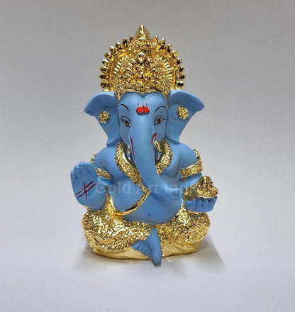Gold Art India Gold Plated Ganesha with Terracotta Colour - Perfect for Car Dashboards, Office & Home Shelves, Diwali Puja, and Gifting (MukutGoldBlue 3.5"), Idol