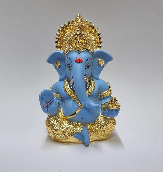 Gold Art India Gold Plated Ganesha with Terracotta Colour - Perfect for Car Dashboards, Office & Home Shelves, Diwali Puja, and Gifting (MukutGoldBlue 3.5"), Idol