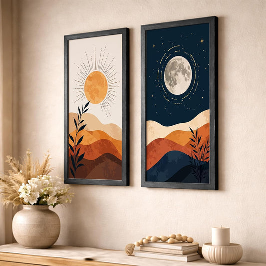 Minimalist Sun Moon Wall Art Set of 2 Framed Prints, Abstract Mountain Landscape Posters, Boho Neutral Scandinavian Nature Decor for Living Room, Bedroom & Office, 10x19 Inch Wooden Frames