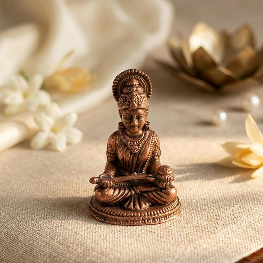 Pure Copper Saraswati MATA Murti | Handcrafted Copper Idol for Pooja Room, Vastu Decor | Traditional & Auspicious Religious Hindu God Showpiece & Gift Item | 25gm (3.5x2.5 cm)