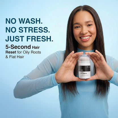 Woman holding a hair product with text about a 5-second hair reset on a blue background