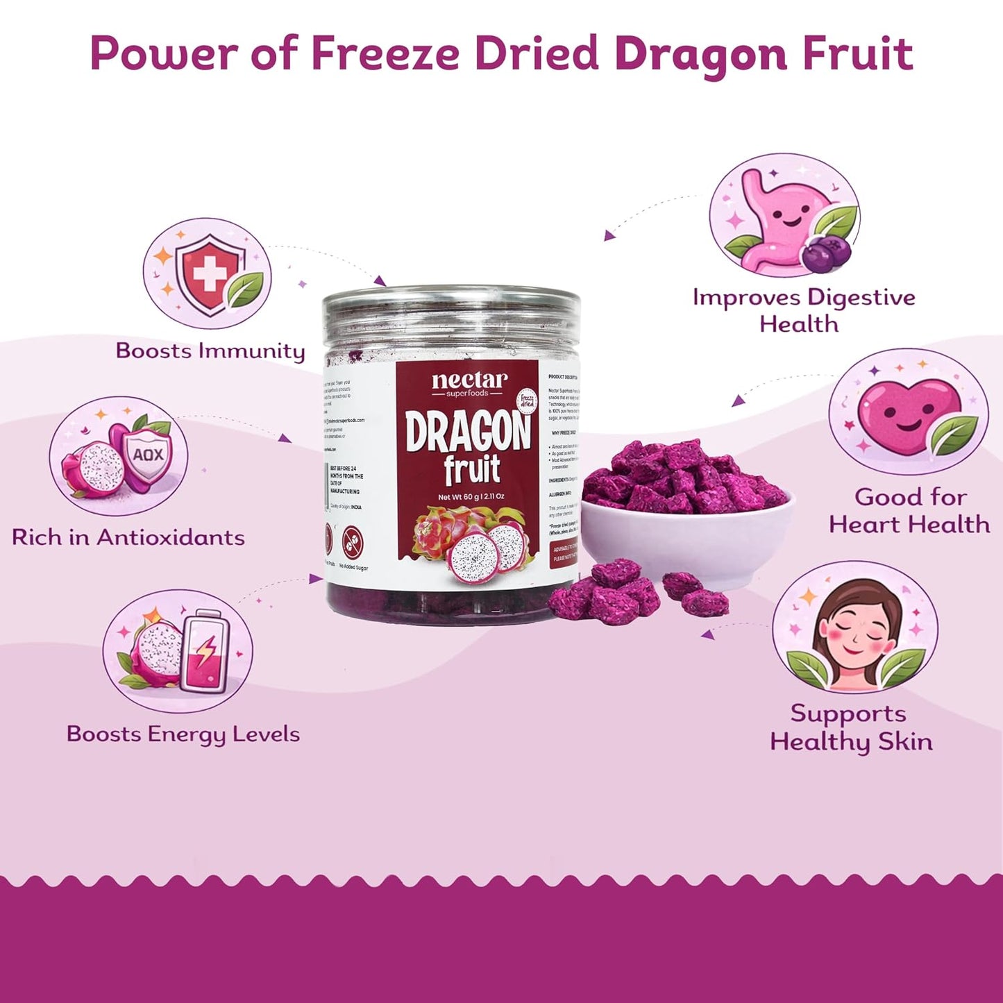 Nectar Superfoods Freeze Dried Dragon fruit - 60 grams Jar-Pack of 1 Nos | 100% Natural & Pure | No Preservatives, No Sugar Added, Vegan | Ideal for Cooking & Seasoning | Made in India