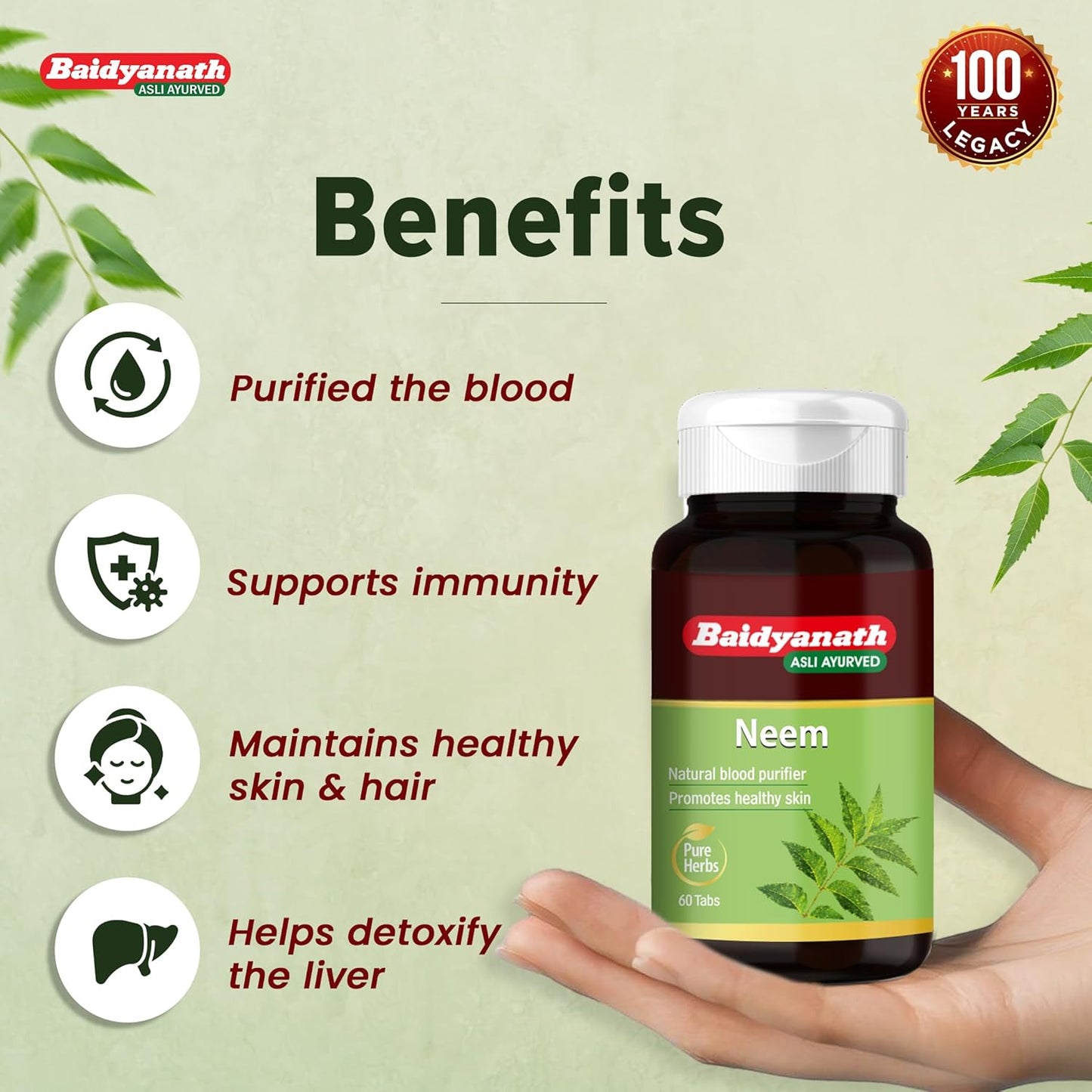 Baidyanath Neem - 60 Tablets | Ayurvedic Neem Extract Supplement | Supports Skin Health, Liver Function & Daily Detox |