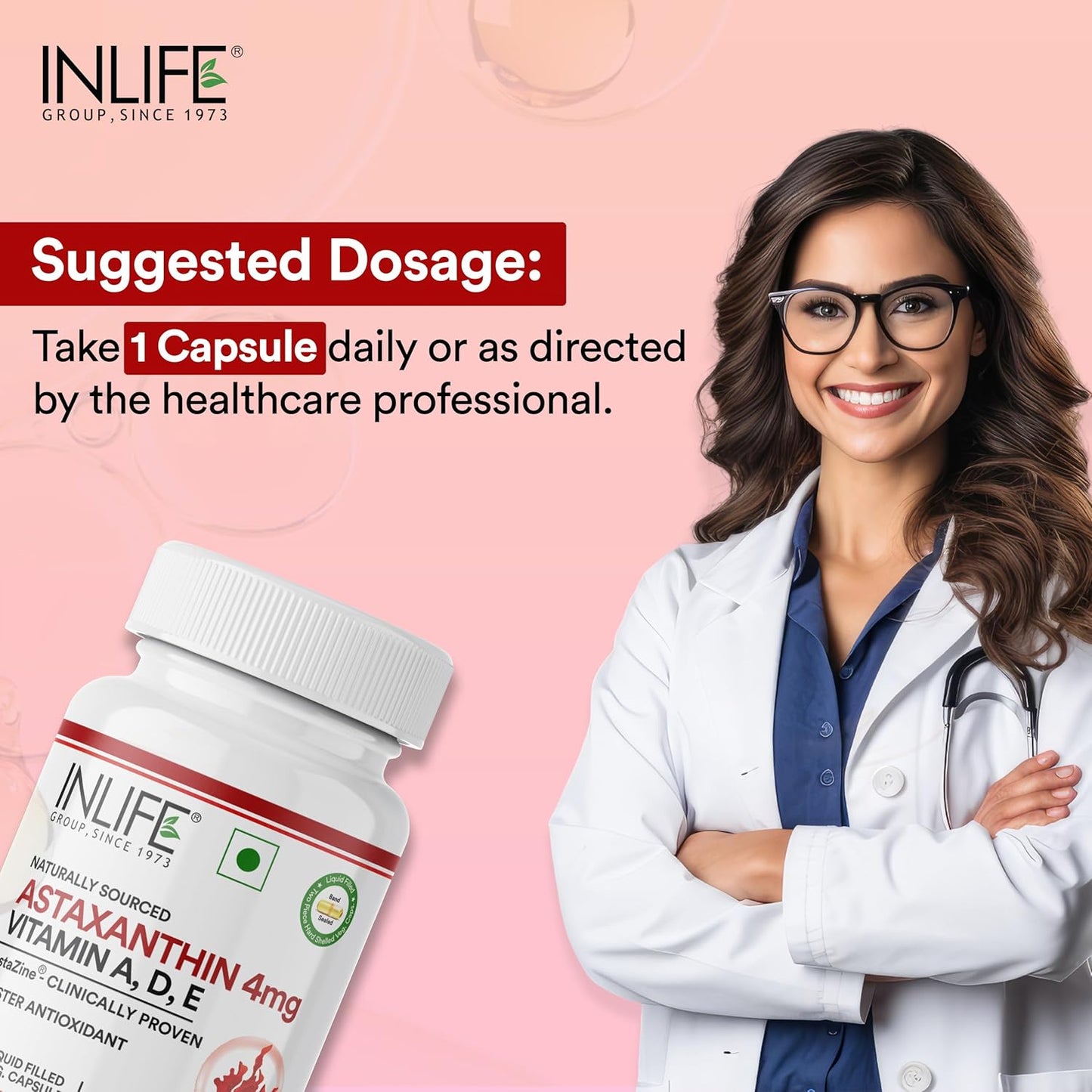 INLIFE Astaxanthin 4 mg Supplement AstaZine | Natural Antioxidant Supplement with Vitamin A, D3 & E – High Absorption Formula – 30 Liquid Filled Vegetarian Capsules