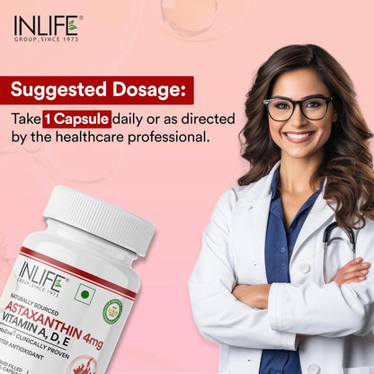 INLIFE Astaxanthin 4 mg Supplement AstaZine | Natural Antioxidant Supplement with Vitamin A, D3 & E – High Absorption Formula – 30 Liquid Filled Vegetarian Capsules