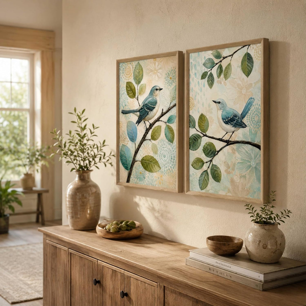 Set of 2 Blue Bird Botanical Wall Paintings with Sparkle Laminate, Premium Wooden Synthetic Frame, Nature Leaf Art for Living Room Bedroom Decor (13.5 x 19.5 Inch) NM02-185