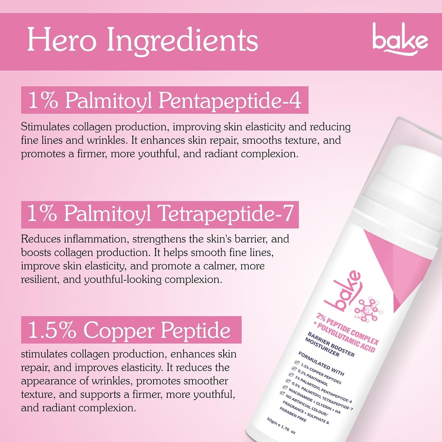 BAKE 2% Peptide Complex Moisturizer with Polyglutamic Acid, 1.5% Copper Peptides, Niacinamide for Barrier Repair & Strengthening | Non Comedogenic, For Oily, Normal & Sensitive Skin - 50g